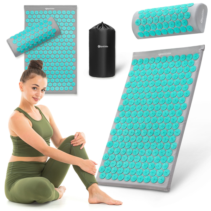 Mata do akupresury z poduszką i pokrowcem - 72 cm HyperMotion szaro-miętowa