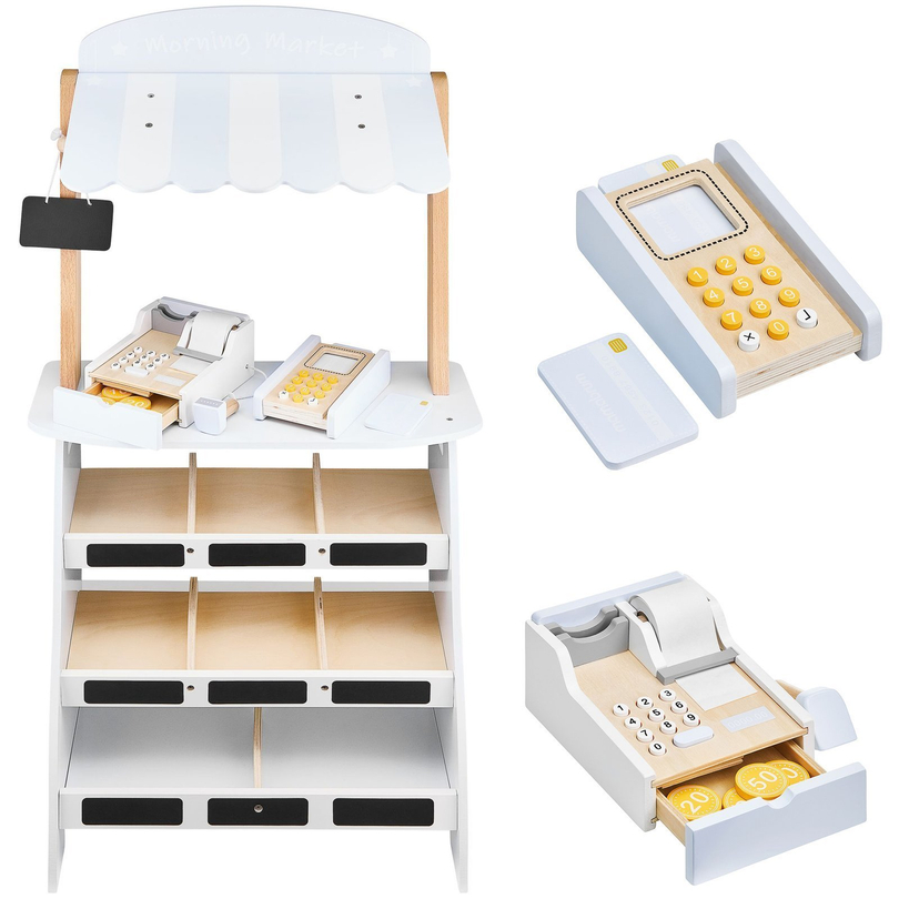 Warzywniak - drewniany stragan ze skrzynkami, kasą i terminalem