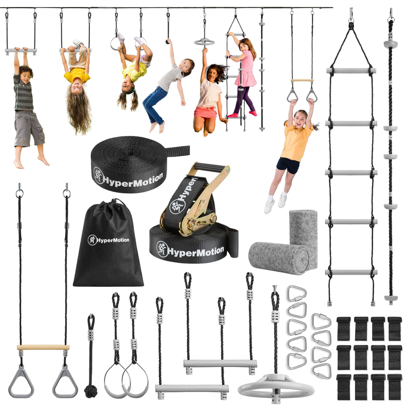 Tor przeszkód Ninja dla dzieci - zestaw slackline HyperMotion - 9 przeszkód