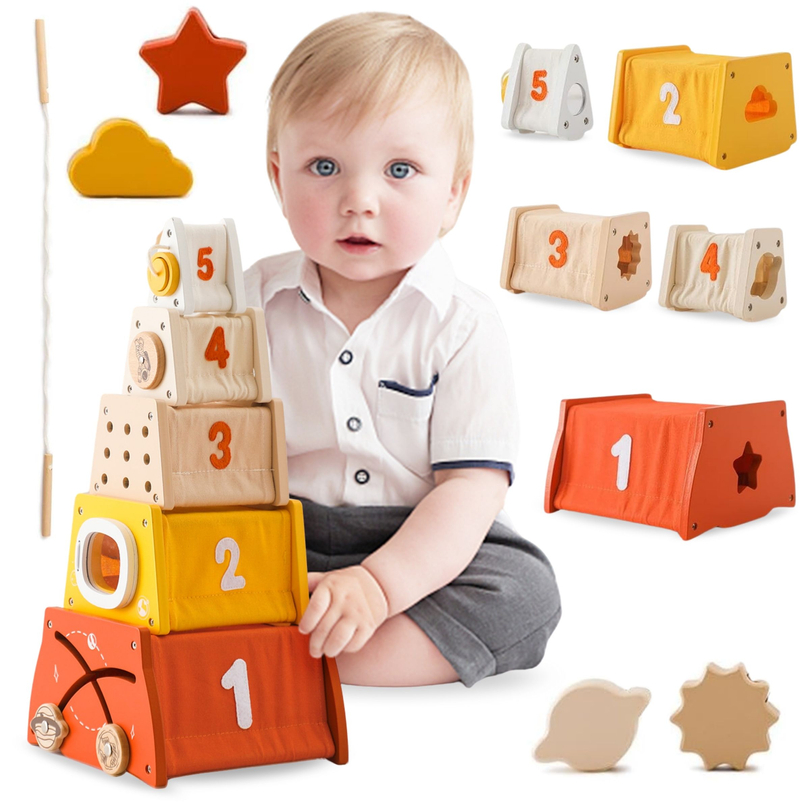 Drewniana piramidka edukacyjna Montessori - sorter kształtów, labirynt, cyfry