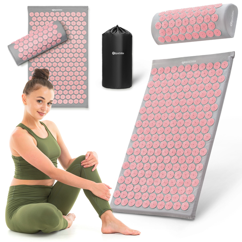 Mata do akupresury z poduszką i pokrowcem - 72 cm HyperMotion szaro-różowa