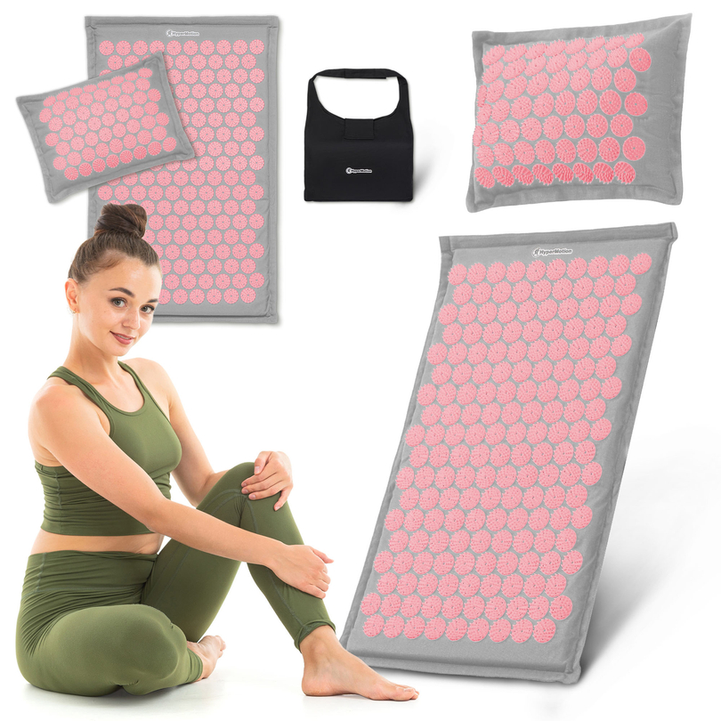 Mata do akupresury ECO lniana z włóknem kokosowym i poduszką z gryki – 68 cm HyperMotion szaro-różowa