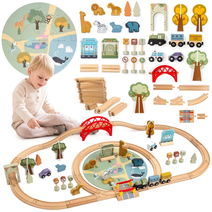 Drewniana kolejka ZOO – puzzle, pociąg, tory, zwierzęta, most, szlaban