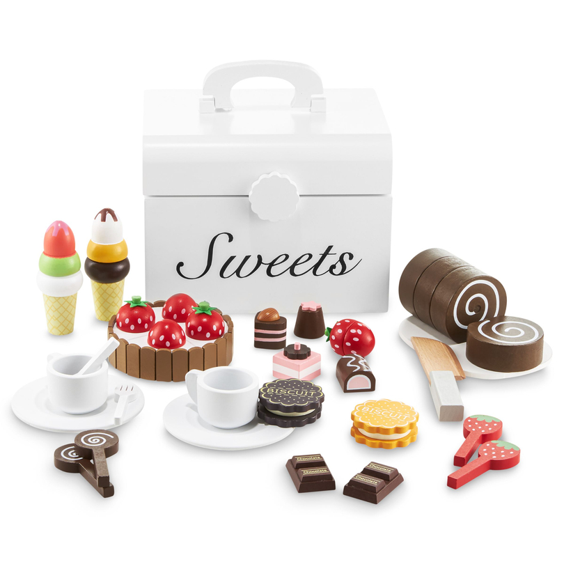 Drewniana skrzynka ze słodyczami do krojenia, cukiernia