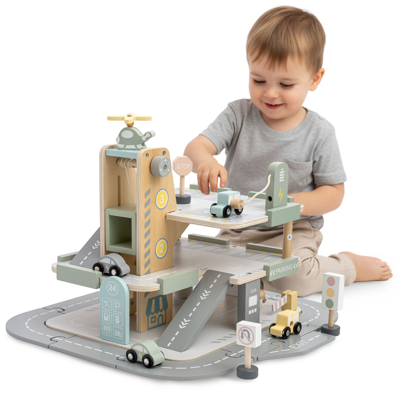 Drewniany, trzypoziomowy garaż dla dzieci z akcesoriami – parking, stacja paliw, myjnia, helikopter