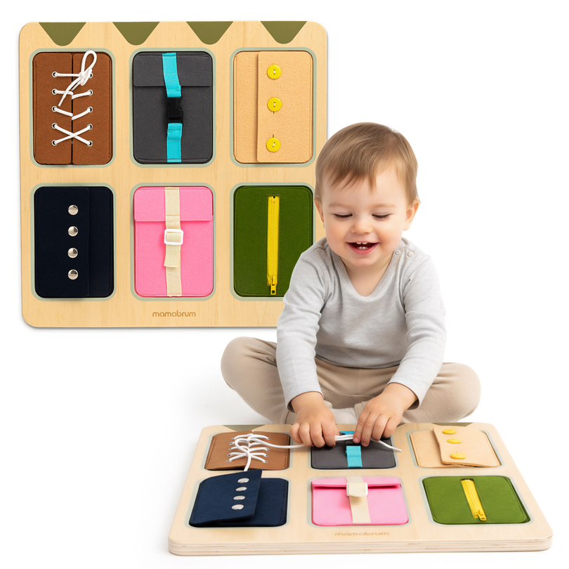 Drewniana tablica manipulacyjna Montessori – Sensoryczna Nauka samodzielności - sznurówki, klamry, guziki, zatrzaski, suwak