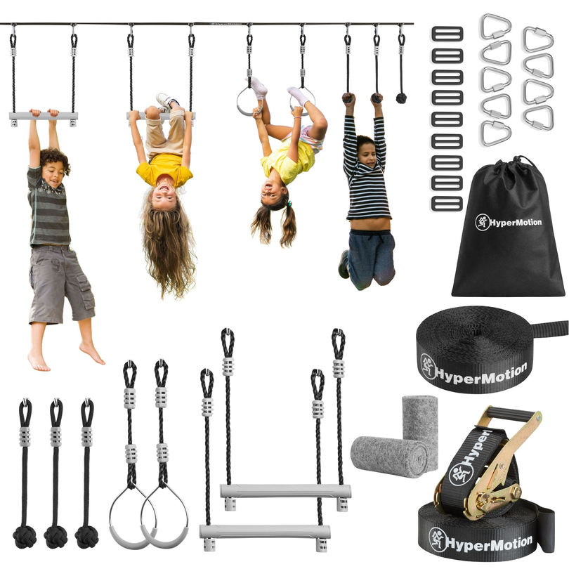 Tor przeszkód Ninja dla dzieci - zestaw slackline HyperMotion - 7 przeszkód