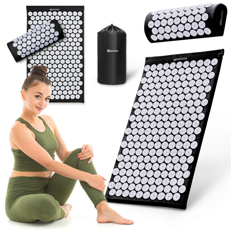 Mata do akupresury z poduszką i pokrowcem - 72 cm HyperMotion czarno-biała